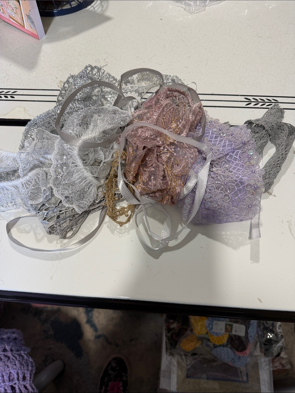 Lot of 13 Yards of Ribbon and Trims in shades of Silver/Gray and other Mis color